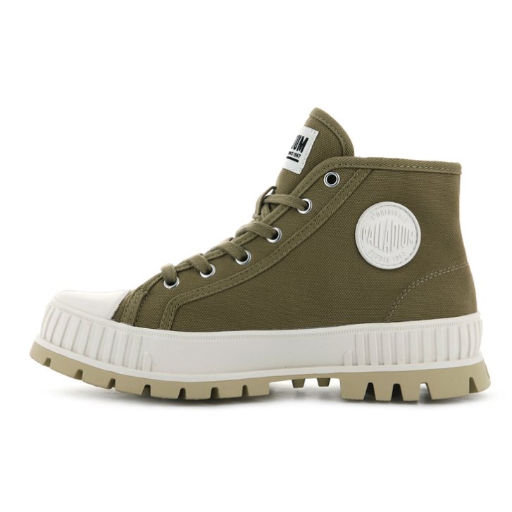 Palladium Pallashock Mid OG High Tops Women's Sneakers Olive | UK Q143-DRO